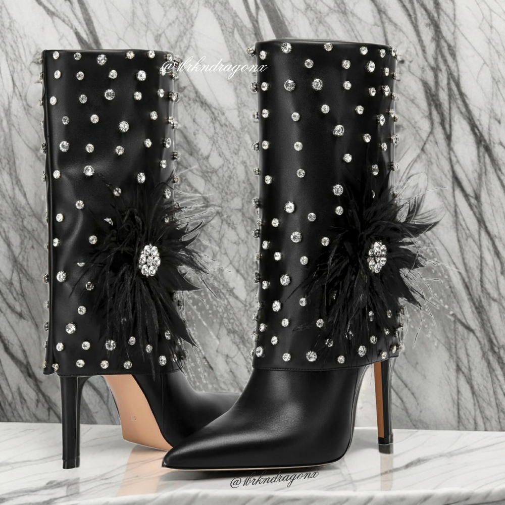 NWT EMBELLISHED BOOTIES WANG BOOTS BNIOB STILETTOS DIAMONDS FEATHERS - Picture 14 of 16
